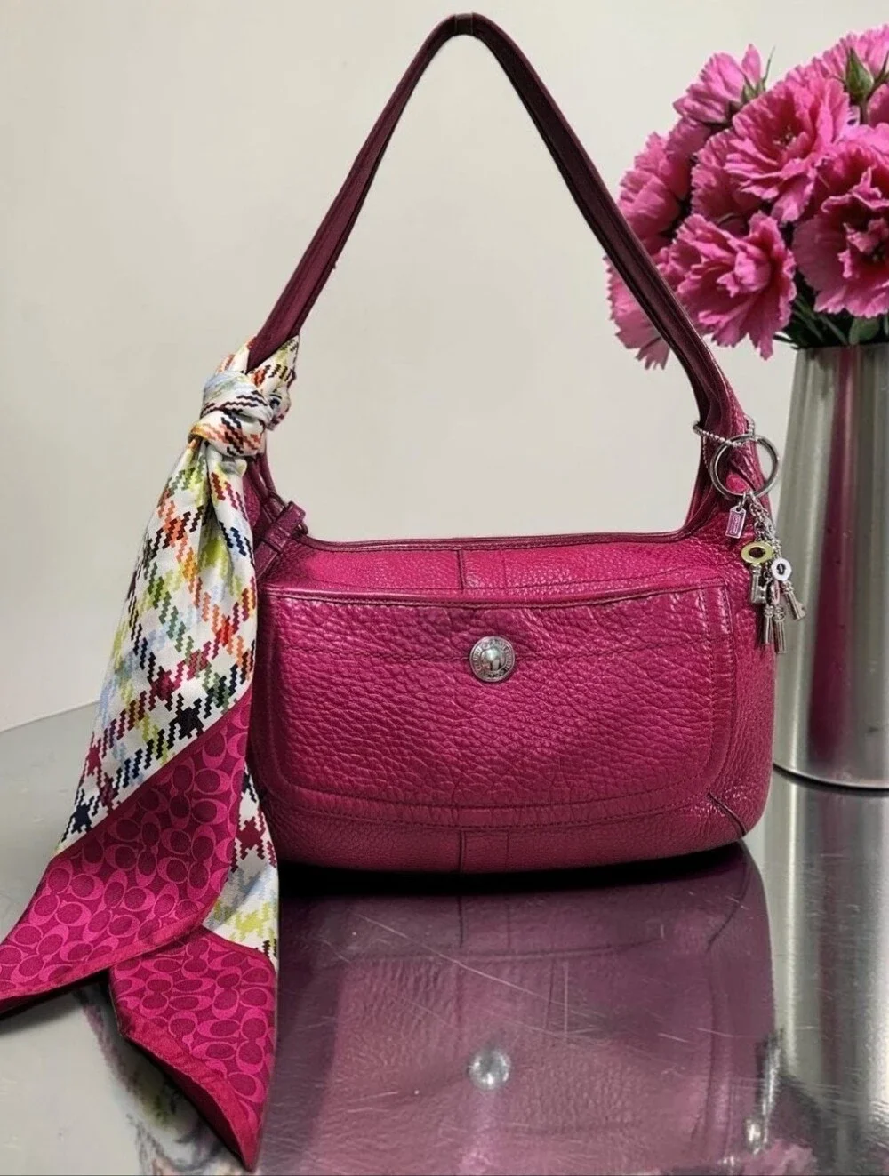 Coach ERGO TATTERSAL Fushia Pebbled Leather Shoulder Bag W/Scarf & Charm - Picture 1 of 14